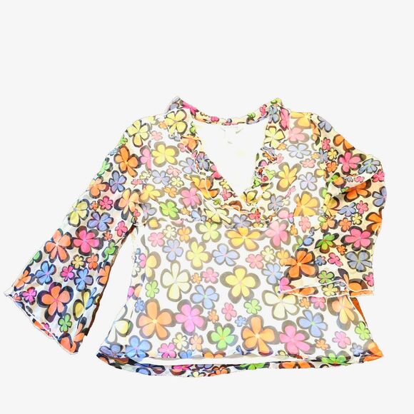 Allison Taylor Retro 70's Flower Power Top Sheer Chiffon Top Flutter Sleeves SzL - Picture 1 of 11